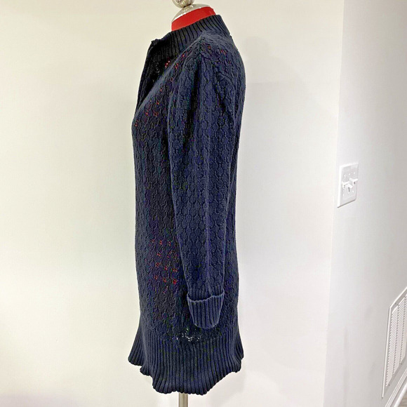 Adolfo Black M Lacy Knit Tunic Sweater Mini Dress Quarter Zip Ribbed Hem Cotton - Picture 6 of 10